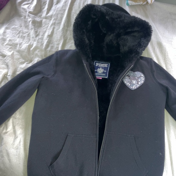 Furry PINK Victoria's Secret Black hoodie with Heart Accent - Picture 4 of 9